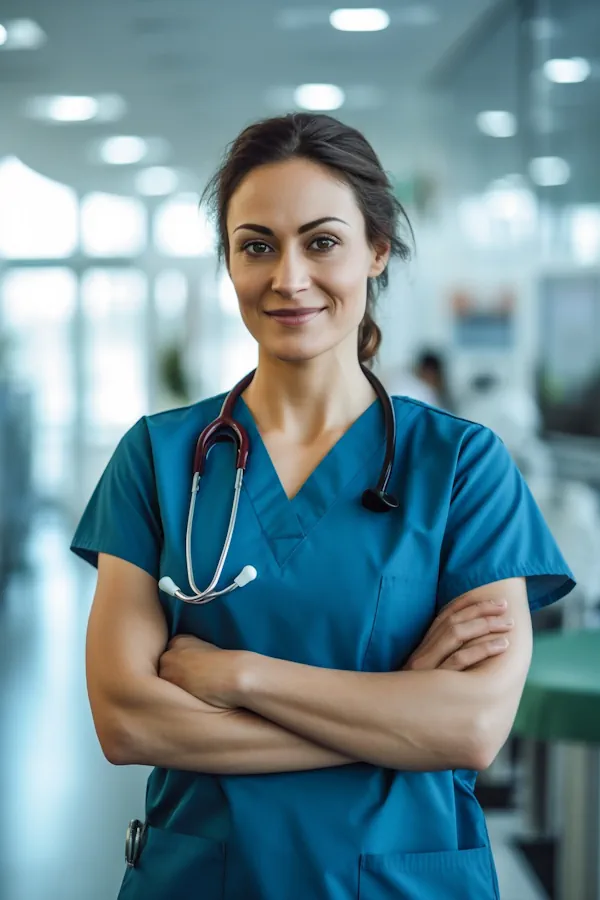 Woman doctor in blue scrubs