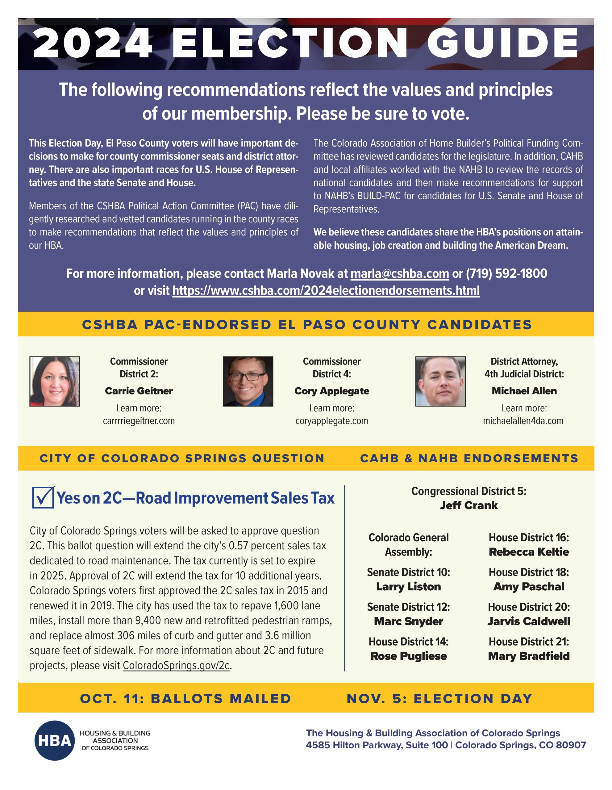 2024 Election Guide. The following recommendations reflect the values and principles of our membership.
Commissioner District 2: Carrie Geitner
Commissioner District 4: Cory Applegate
District Attorney, 4th Judicial District: Michael Allen